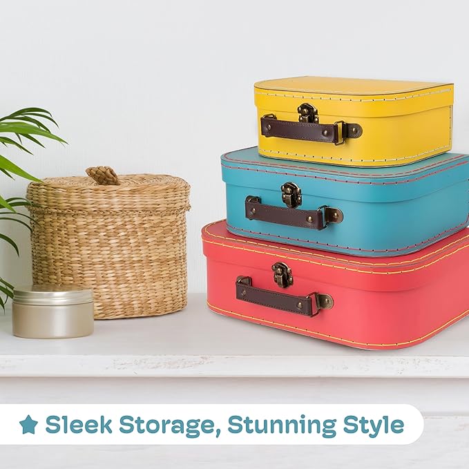 Jewelkeeper Decorative Storage Boxes Set of 3 - World Map Mini Suitcase Style Cardboard Suitcase with Brass Clasps and Handle - Ideal for Travel Decor, Event Props and Gift Presentation