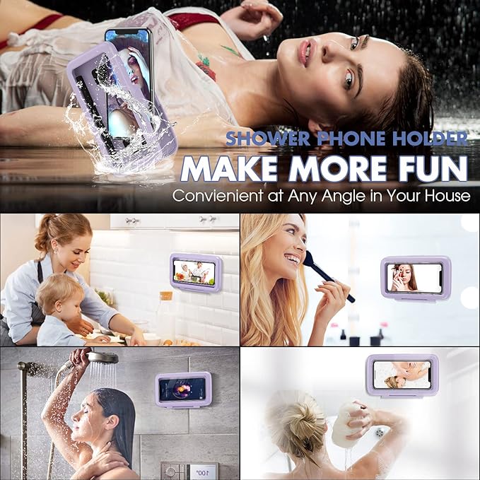 LC-dolida Shower Phone Holder Waterproof 480 Rotation Phone Stand Case Mount for Bathroom Batheub Kitchen Wall Mirro Compatible with iPhone 17 16 15 14 13 Plus Pro Max XS XR Women Men Gift