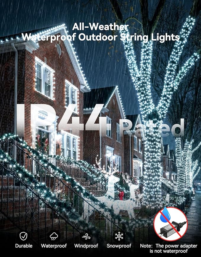 LitHome 164FT 500 LED String Lights Outdoor Indoor, 8 Modes Waterproof Christmas String Lights with Timer & Memory Function, Outdoor Christmas Lights Green Wire for Xmas Tree Party Garden, White