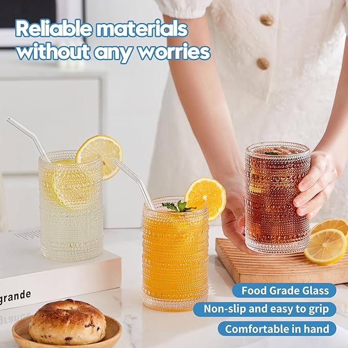 HomeVogue Hobnail Drinking Glasses Set of 12, 12oz & 15oz Vintage Glassware Set Cocktail Glass Set, Embossed Clear Water Tumbler,for Beer, Whiskey,Juice and Various Mixed Drinks (12 Pack-Clear)
