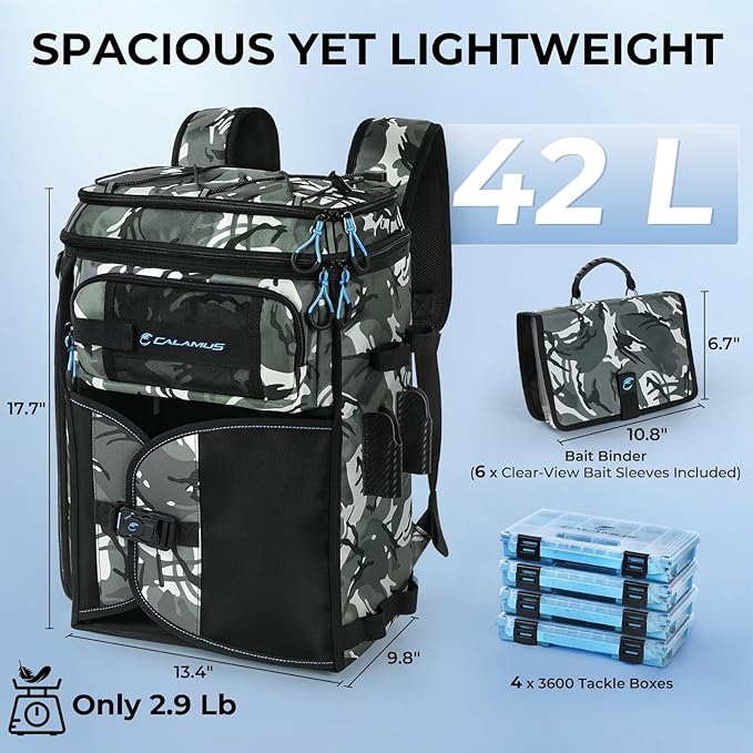 Calamus GearMaster Tackle Backpack with Bait Binder, Large Lightweight Water-Resistant Fishing Bag, Rod Holders, Food Storage