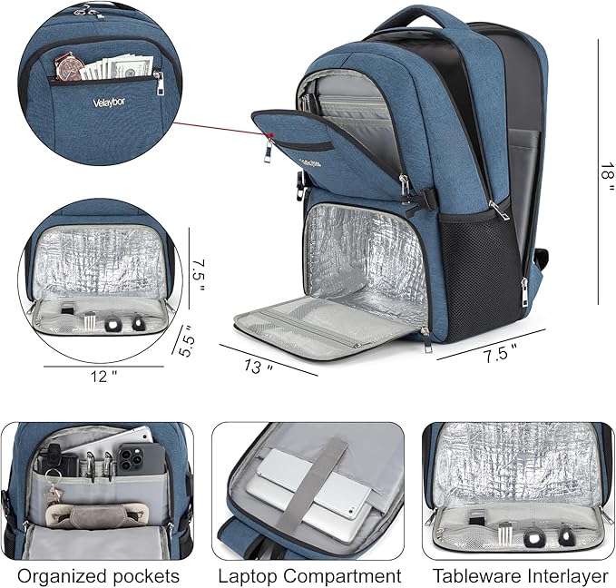 Insulated Lunch Backpack Fit 17" Laptop, Work Backpack with Lunch Box & USB Charging Port for Men & Women, Water Resistant College Computer Bag for Travel, Business, Hiking (Blue)