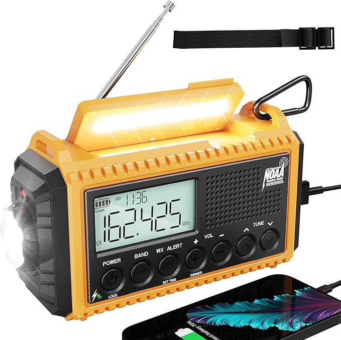 5000 Emergency Weather Radio- Portable Radio AM/FM/SW/NOAA with USB Charger, Rechargeable Battery Powered Solar/Hand Crank Radio with Flashlight, Large Backlit LCD Display, Headphone Jack, SOS Alarm