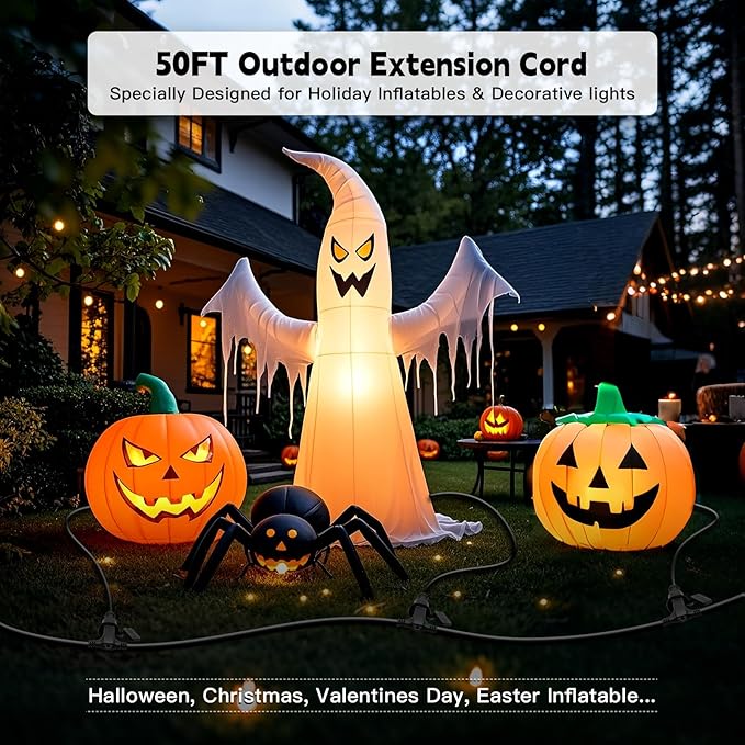 50FT Outdoor Extension Extension Cord for Halloween Christmas Inflatables with Multiple Outlets Black Electrical Cord with Multiple Plugs Outdoor Christmas Blow Up Decorations Light Extension Cords