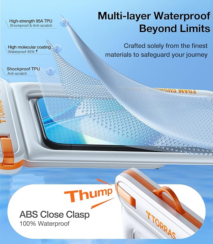 TORRAS IP68 Waterproof Phone Pouch Double Space, Floating Waterproof Phone Case with Lanyard for iPhone 17 Pro Max 16 15 14 S26 S25, Phone Dry Bag Vacation Cruise Ship Travel Essentials 7.0'', White
