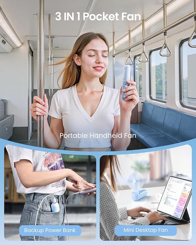 Gaiatop Portable Handheld Fan, 3 in 1 Mini Fan Handheld [17h Max Cooling], Foldable Personal Fans Pocket Design, USB Travel Fans Portable, Lash Trip Summer Essential Cute Gifts for Women Girl, Blue
