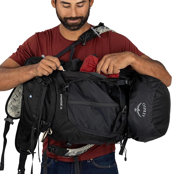 Osprey Stratos 36L Men's Hiking Backpack - Lightweight Backpacking Pack with Waterproof Raincover - Camping Bag, Raven Black