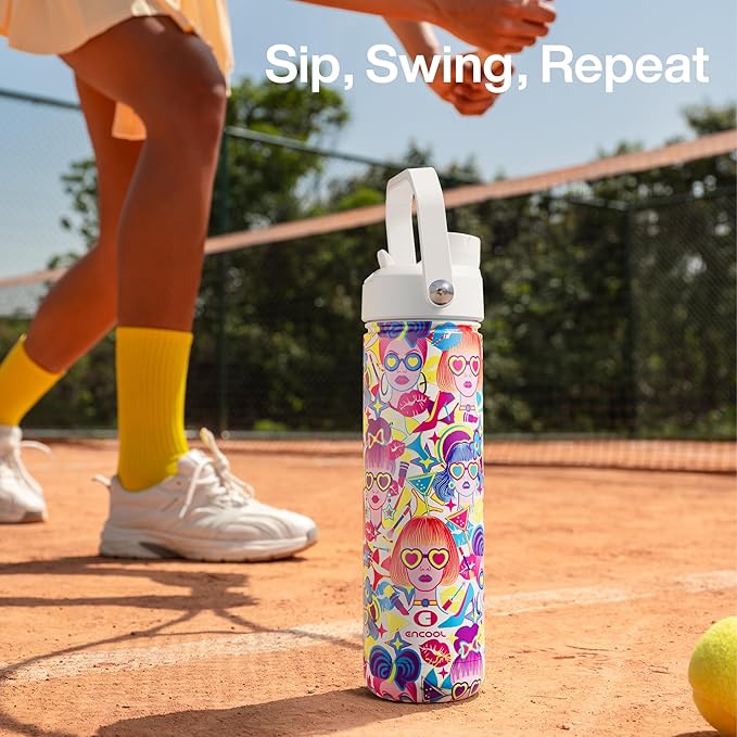 ENCOOL Insulated Water Bottle with Straw Stainless Steel Water Bottle, Leak-Proof, BPA-Free, Double Wall Vacuum Keeps Cold for 24 Hours for Sports, Travel, School (26 oz, Vivid Icon)