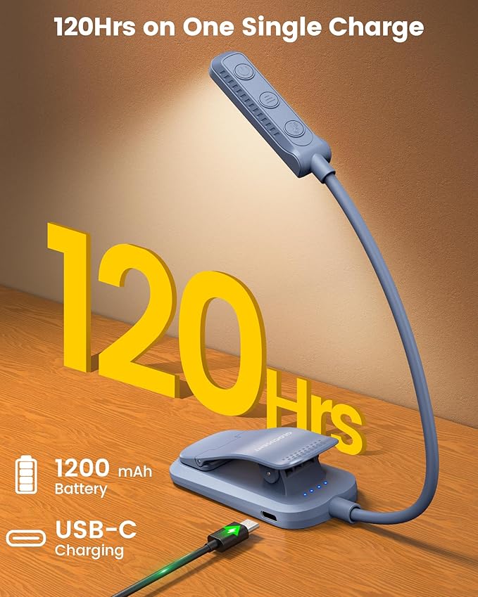 Glocusent 13 LEDs Book Lights for Reading at Night, 120 Hrs Runtime Rechargeable Reading Light, Eye Caring 3 Colors & 5 Stepless Dimming Brightness 3–60LM, Flexible Clip on Light for Book Lovers Kids