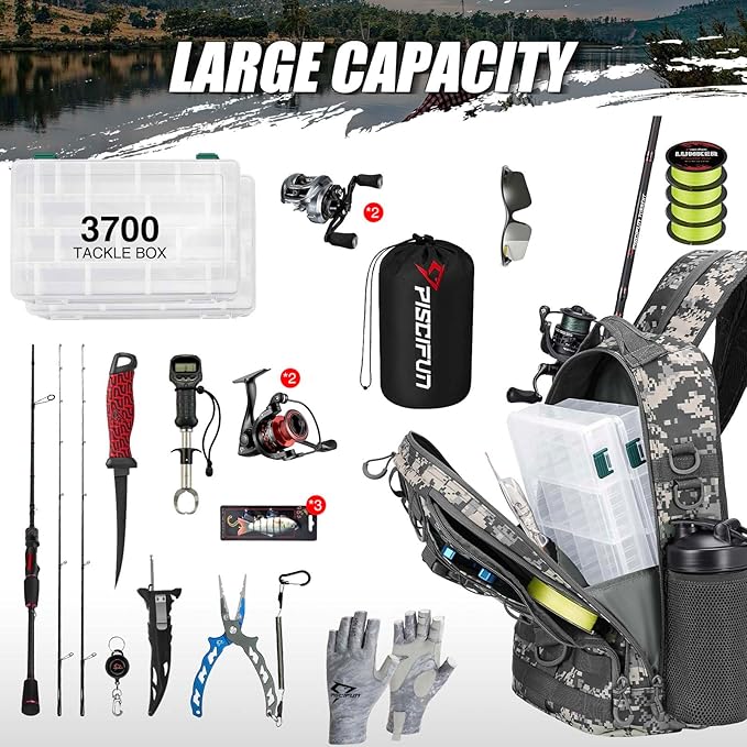 Piscifun Fishing Backpack with Rod Holder, Lightweight Sling Bag Storge Gear and Equipment