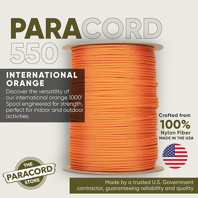 The Paracord Store | Type III 550 Paracord - 250 FT Spool, International Orange | Heavy Duty 7 Strand Tactical Paracord - USA Made Nylon Outdoor Parachute Cord for Camping, Fishing - Survival Cord