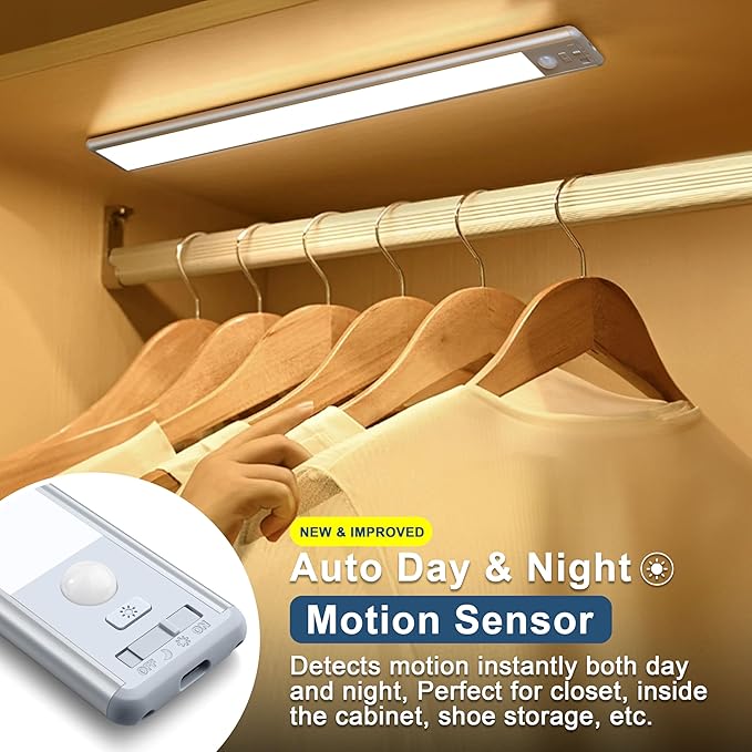 Reoshine 63 LED Closet Lights Motion Sensored, 2500mAh Rechargeable Under Cabinet Lighting, Dimmable & Magnetic Light Bar for Kitchen Cabinets, Hallways (2 Pack)
