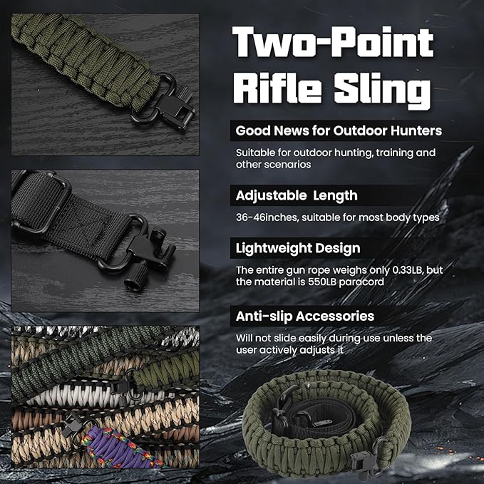Double Braide 550LB Shotgun Sling 2 Point Paracord Rifle Sling,Non-Slip Traditional Adjustable Gun Sling for Hunting Shooting Camping