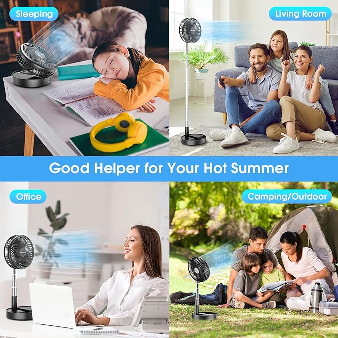 Belife X8-Lite Portable Fan, 7200mAh Battery Powered Rechargeable,USB Desk Floor Fan with Remote, Foldable Telescopic Fan for Home Bedroom Sleeping Office Camping Travel, 7.7" (Non-Oscillating, Black)
