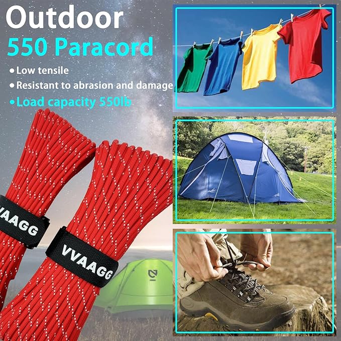 VVAAGG Reflective Paracord Rope 100FT, 7 Strand Nylon para Cord Lanyard Utility 550 Parachute Cord, 4mm Thin Tent Rope for Outdoor Camping Hiking