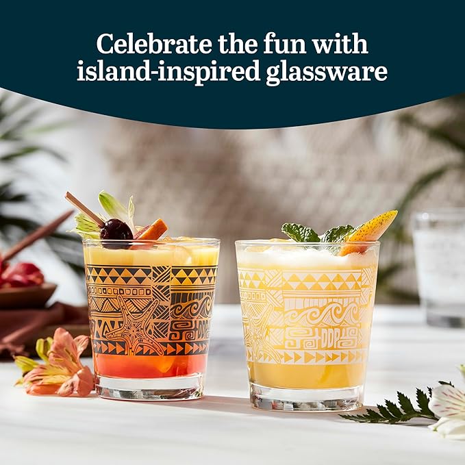 Libbey Tiki Rocks Glasses Set, Vintage-style Glassware Drinking Glasses Set of 4, Exotic, Dishwasher Safe Glasses for Backyard Luau or Pool Party
