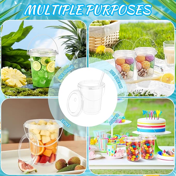 30 Sets 34 oz Drink Buckets with Lids and Straws, Disposable Clear Plastic Party Cups with Handles for Rum, Iced Coffee, Smoothies, Milkshakes, Sturdy Beverage Tubs for Pool Beach and Outdoor Parties