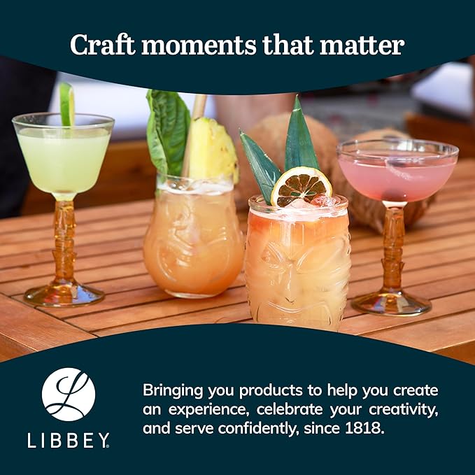 Libbey Tiki Rocks Glasses Set, Vintage-style Glassware Drinking Glasses Set of 4, Exotic, Dishwasher Safe Glasses for Backyard Luau or Pool Party
