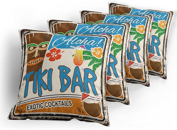 Ambesonne Tiki Bar Decorative Throw Pillow Case Pack of 4, Rusty Vintage Sign Aloha Exotic Cocktails and Coconut Drink Antique Nostalgic, Cushion Cover for Couch Living Room Car, 16", Brown Blue