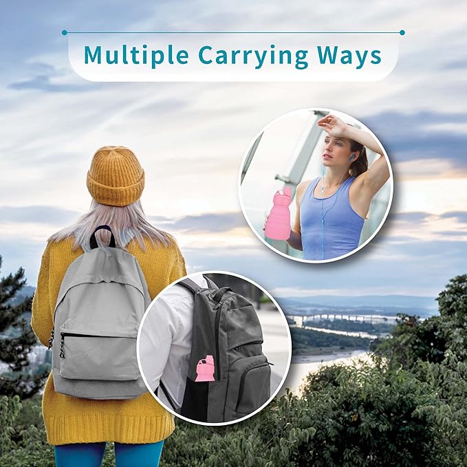 Collapsible Water Bottles 17oz, Odorless BPA-Free Silicone, Leak-Proof Foldable Reusable Bottle - Perfect for Travel Sports Gym Hiking Camping Cycling - Water Pink
