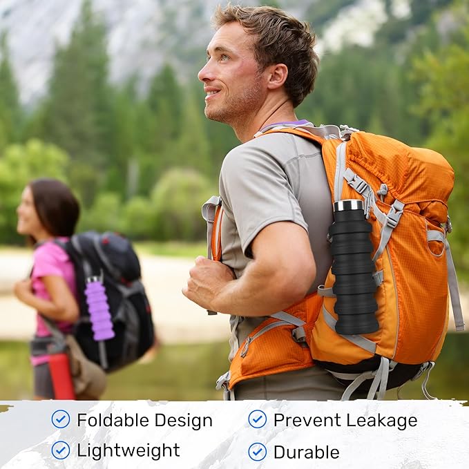 Collapsible Water Bottle, 16oz Portable Reusable Silicone Water Bottle, BPA-Free Leak-Proof Foldable Design with Carabiner, Lightweight Durable for Gym, Travel, Camping, Hiking, Sports-Purple