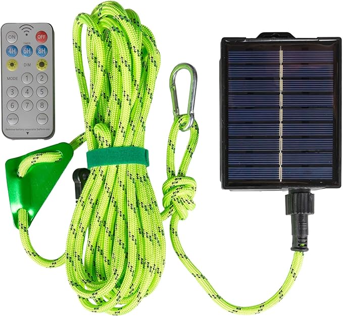 Solar Luminous Paracord Rope, 23ft Solar-Powered Green Glow Rope with Remote, 8 Lighting Modes + Timer, 500 mAh Battery, IP66 Waterproof for Outdoor Camping