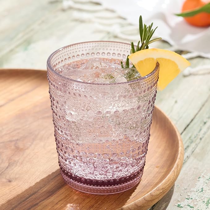 Santa Fe Plum Set of 6 Premium Acrylic DOF Glasses 16 oz – Unbreakable Drinkware with Textured Bubble Design, Dishwasher Safe Tumblers for Indoor & Outdoor Use