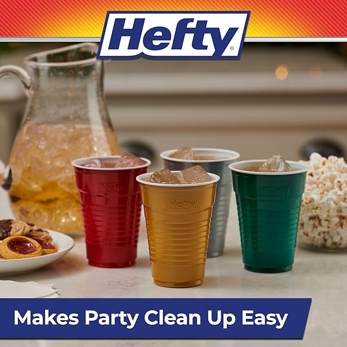Hefty Party On Disposable Plastic Party Cups, 80 Count, 16 Oz Cups in Assorted Colors for Gatherings, Parties, and More, Textured Sides for Easy Gripping, Strong and Durable