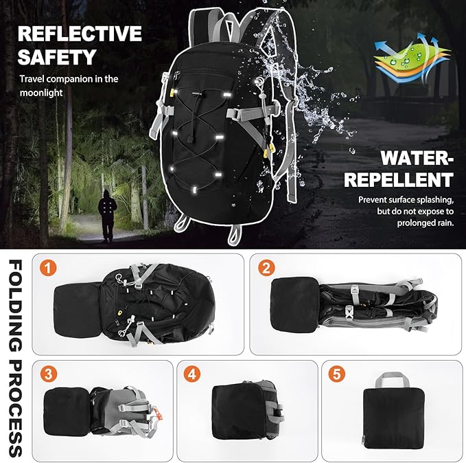 20L Hiking Backpack Lightweight Packable Hiking Daypack, Foldable Small Travel Outdoor Camping Shoulder Bag with Wet Dry Separation (Black)