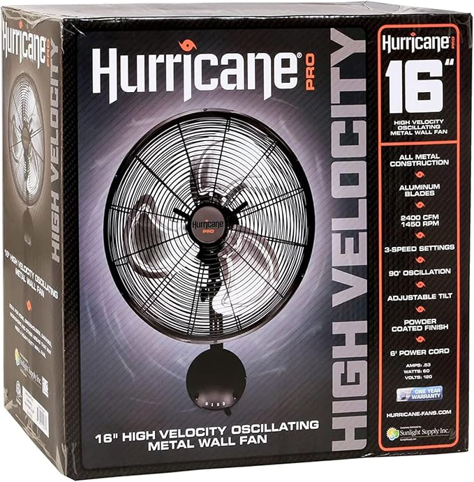 Hurricane 16" High Velocity Pro Oscillating Metal Wall Mount Fan w/ 3 Speeds, Black - Corded Electric Air Cooling Unit w/Powerful 2400 CFM Airflow for Home, Garage, Gym, Workshop & Greenhouse