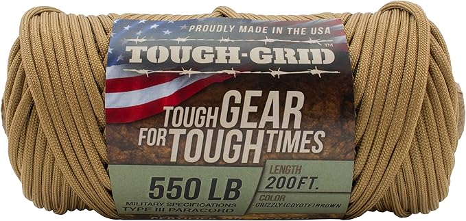 TOUGH-GRID 550 Paracord, Type III Mil-Spec Nylon Rope - 200 Ft Grizzly Brown Tactical Survival Cord