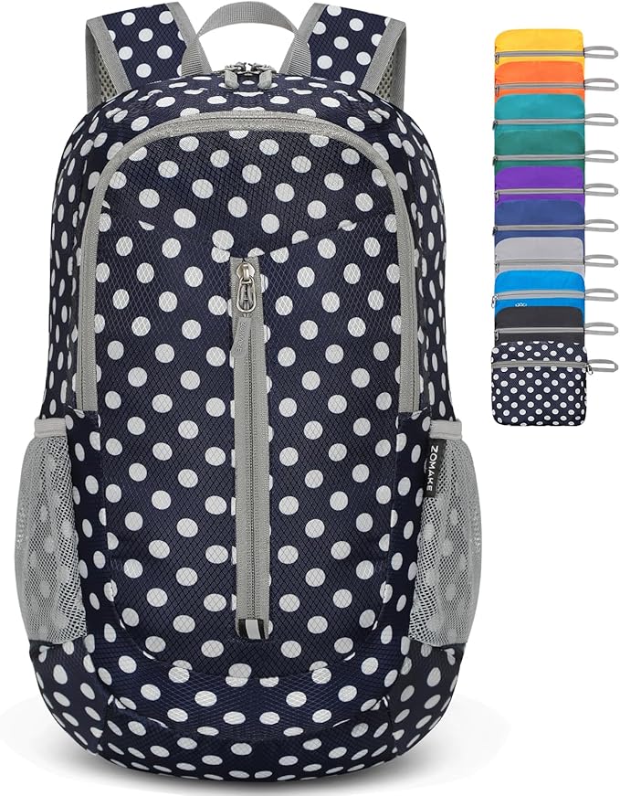 ZOMAKE Ultra Lightweight Packable Backpack 25L - Foldable Hiking Backpacks Water Resistant Small Folding Daypack for Travel(Navy Blue,White polka dots)