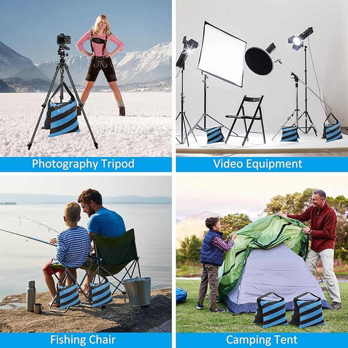4 Packs Blue Sandbag Weight Bags for Light Stand Photography Video Equipments, Heavy Duty Saddlebags for Backdrop Stand, Photo Tripod, Canopy, Pop up Tent, Umbrella Base, Fishing Chair, Picnic Table