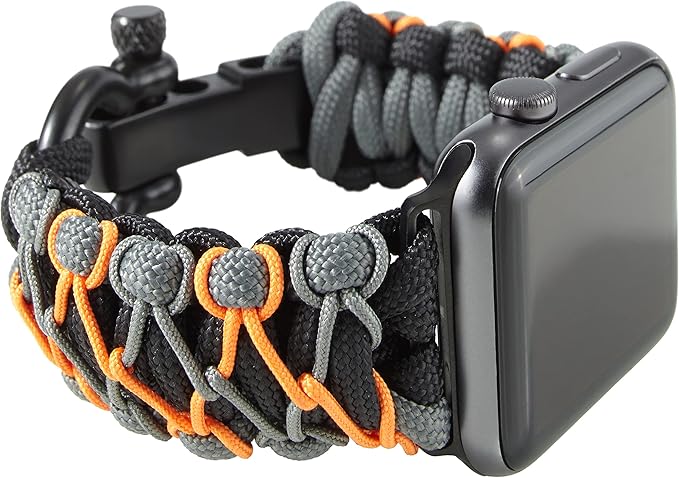 Savior Survival Gear Paracord Watch Band,Compatible with Apple Watch Band 49mm 46mm 45mm 44mm 42mm,iWatch Band Series Ultra 10 9 8 7 6 5 4 3 2 1 SE, Adjustable strap for men ( Black-Gray-Orange,Large)