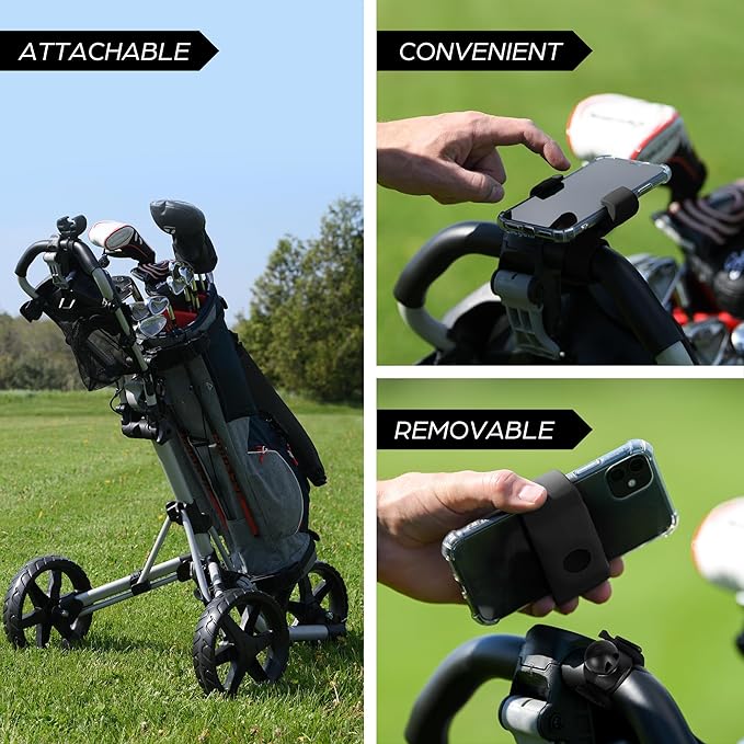 Golf Push Cart Phone Holder - Silicone Phone Mount Compatible with Clicgear, Sun Mountain, Caddytek, Rovic, Caddy, Bag Boy & More- Golf Push Cart Accessories for Cell Phones