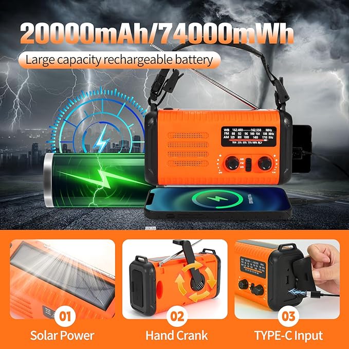 20000mAh Emergency Solar Crank Radio, 4 Ways Powered Portable Weather Radio AM/FM NOAA with USB Charged, Phone Charger, SOS Alarm Flashlight Reading Lamp, Headphone Jack, Compass for Camping Hiking
