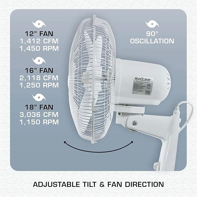 Hurricane Supreme 12” Portable Oscillating Wall Mount Fan, Space Saving, Powerful, and Quiet 3 Speed Airflow, Adjustable Tilt for Home and Workshop