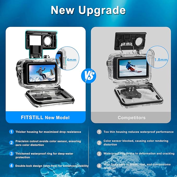 FitStill 60M/196FT Waterproof Case for DJI OSMO Action 6, Dual Cold Shoe Design Thickened Sealing Ring, Optical Glass Lens, djiI Action 6 Protective Accessories