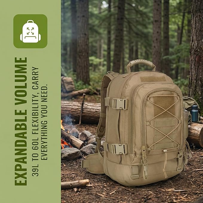 Large Military Bug Out Bag 3 Day Pack Expandable Backpack Army Daypack for Outdoor Hiking Hunting (Tan)