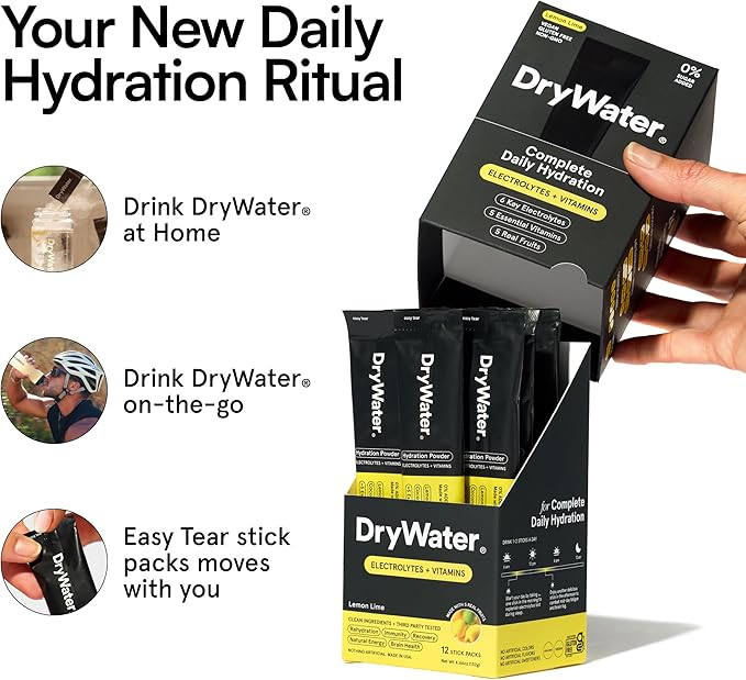 DryWater Electrolyte Powder Packets, Lemon Lime - Hydration Packets Drink Mix with Zero Added Sugar for Rehydration & Energy - 6 Key Electrolytes, 5 Essential Vitamins & 5 Real Fruits - 12 Pack