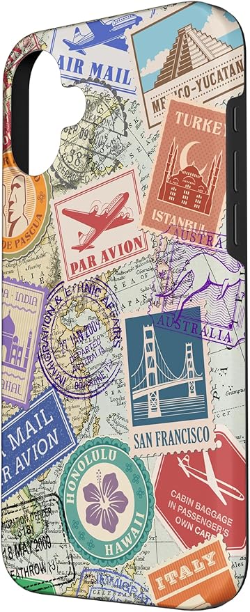 World Map Travel Passport Stamps Postage Stamp Case for iPhone 16 Plus