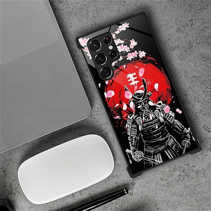 for Samsung Galaxy S22 Ultra Case, Sakura Japanese Samurai Pattern Graphic Design Girl Boy Soft Silicone Hard Acrylic Shock Protection for Samsung Galaxy S22 Ultra