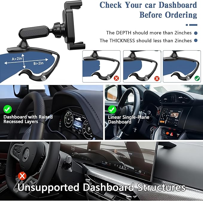 Universal 360 Dashboard Phone Holder, Easily Adjustable No-harm Clip Design Phone Mount for Car Compatible with All 4-7 Inch Smartphones