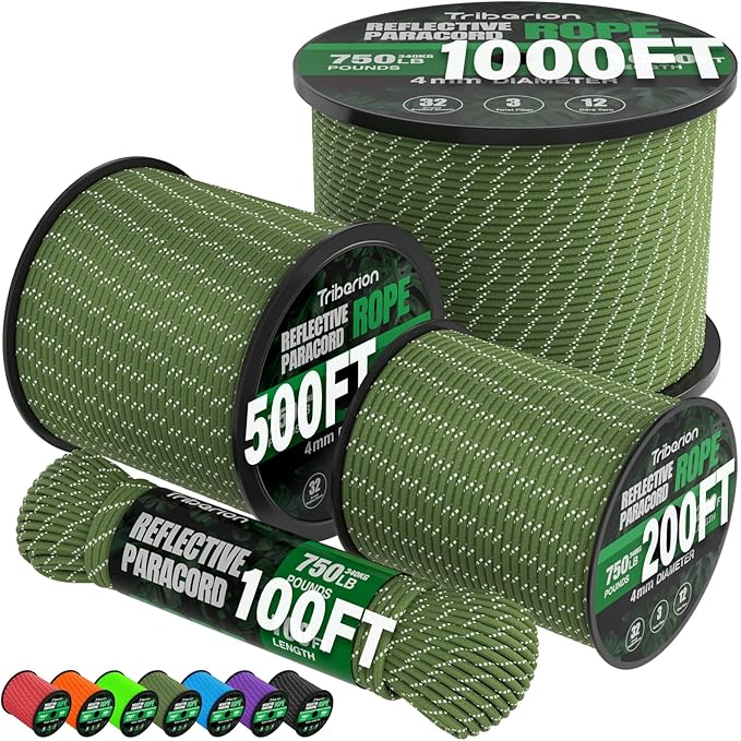 Reflective Paracord Rope 750 lb - 200ft 5/32" Parachute Cord 4MM 12-Strand para Cord - Heavy Duty Spool String for Survival,Camping Gear, Survival Bracelet, Clothesline - Army Green