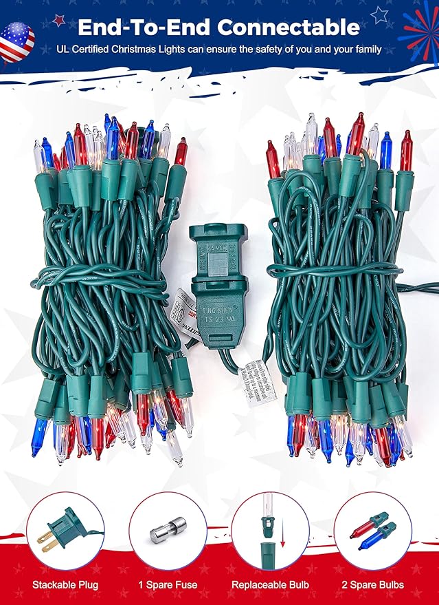 Red White Blue Mini Christmas Lights, 50 Count 4th July Decoration Patriotic Mini String Lights, 13ft Waterproof Lights for Indoor Outdoor Xmas Holiday Party Patio Independence Day Decor, Green Wire