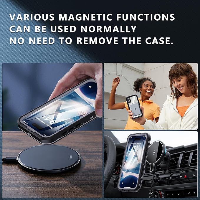 Compatible for iPhone 16 Plus Case Waterproof 【Compatible with Magsafe 】【IP68 Underwater】 Clear Magnetic Built-in Screen Protection Lanyard Diving Swim Dustproof Shockproof Black