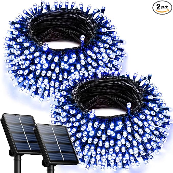 OZS 2PK 240LED Solar String Lights Outdoor Waterproof | Solar Christmas Lights Outdoor with 8 Lighting Modes, Solar Lights Outdoor String for Outside, Xmas Party Garden Tree Decorations (Blue)