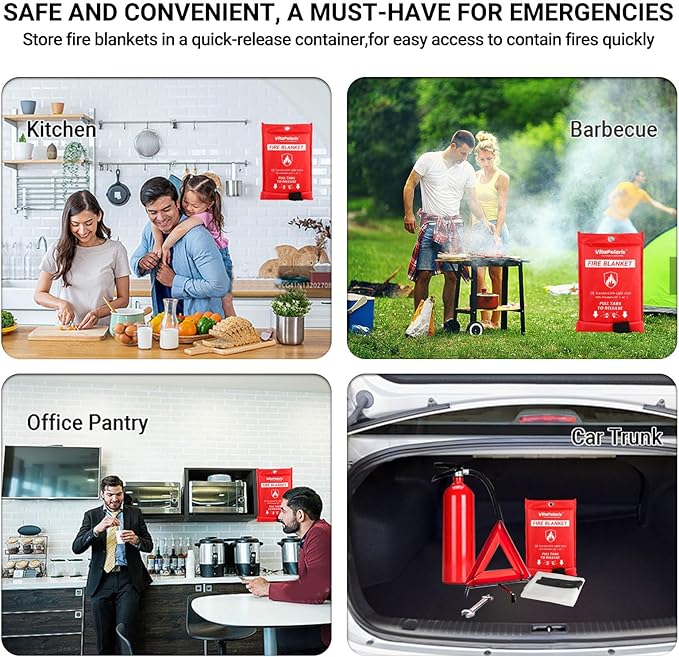 Heavy-Duty Emergency Fire Blanket, 4 Pack – Fireproof Fiberglass Blanket for Kitchen, Home, Car, Grill, Fireplace, Camping, Heat Shield, Grease Fires, Emergency Fire Suppression
