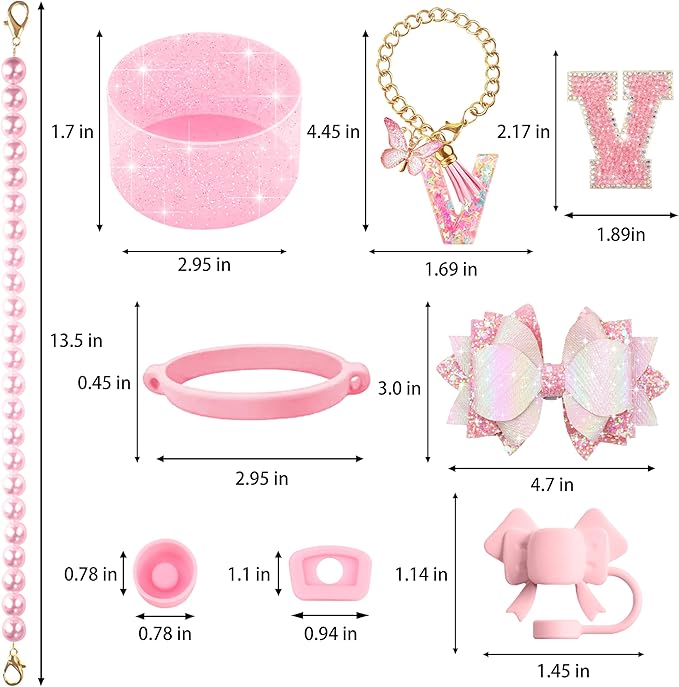 9PCS Pink for Stanley Cup Accessories Set Bling Initials Bow Charms for Stanley Decorations 30/40 Oz Tumbler Accessories Including Bow Straw Topper, Handle Strap, Spill Stopper（Letter V）