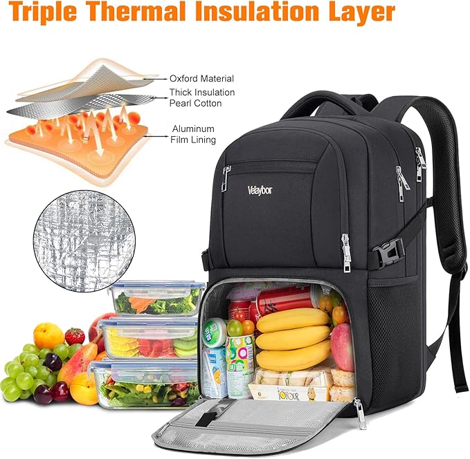 Insulated Lunch Backpack Fit 17" Laptop, Work Backpack with Lunch Box & USB Charging Port for Men & Women, Water Resistant College Computer Bag for Travel, Business, Hiking (Black)